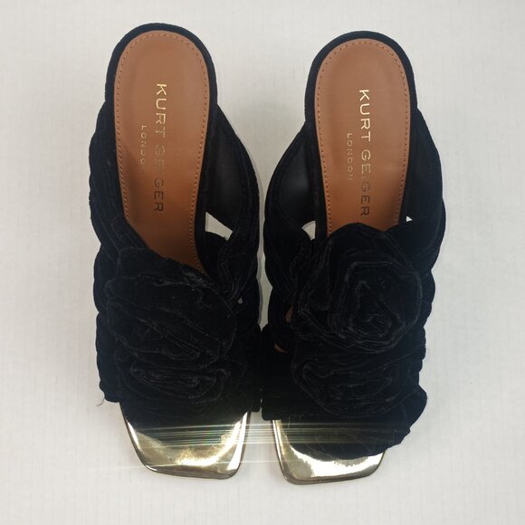 Kurt Geiger London Bloom Black Velvet Flower Square Toe Mule Heels - Picture 4 of 10